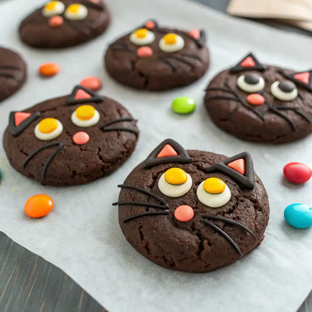 Black cat cookies decorated with candy eyes and whiskers