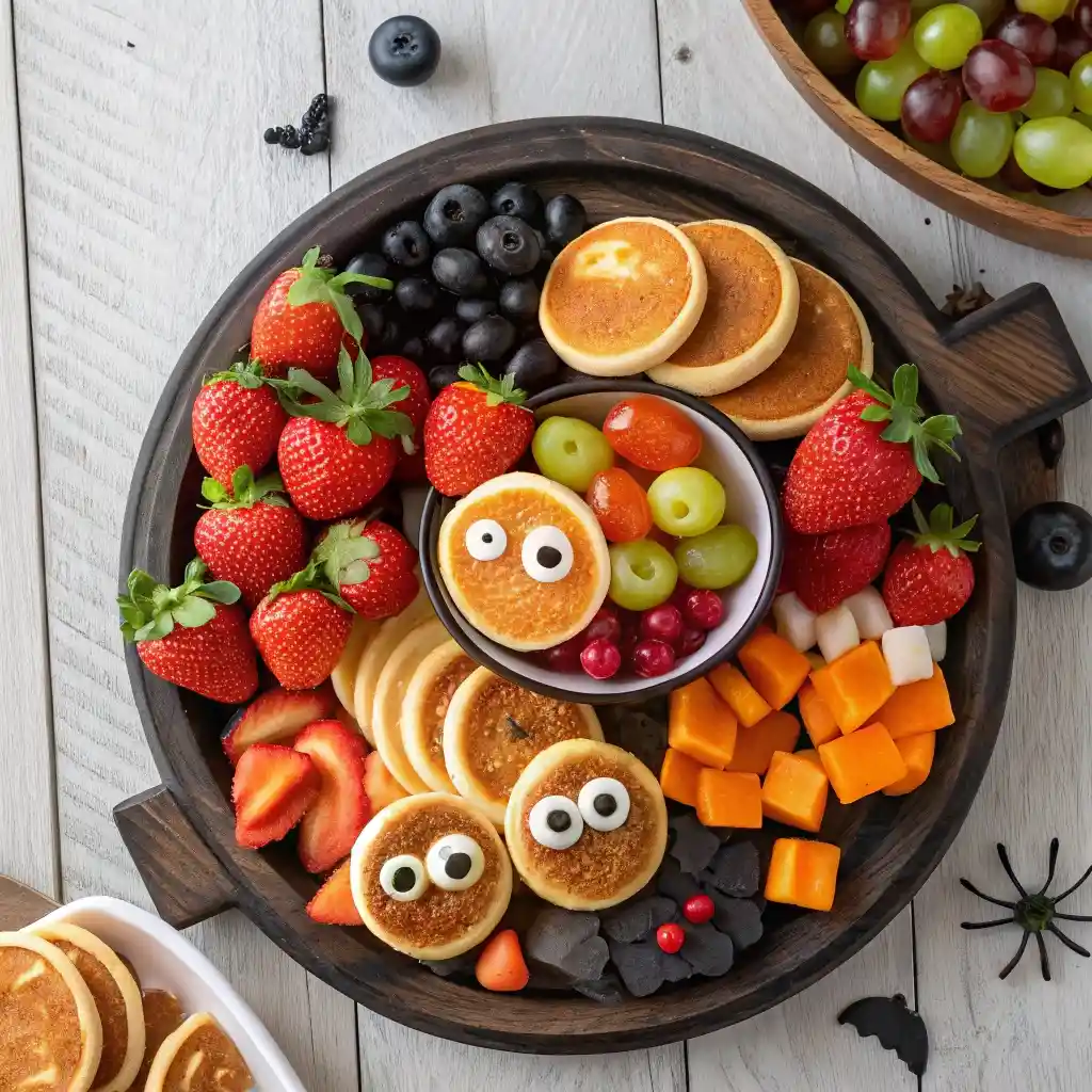 close-up Halloween breakfast charcuterie board with pancakes, fruit, and yogurt