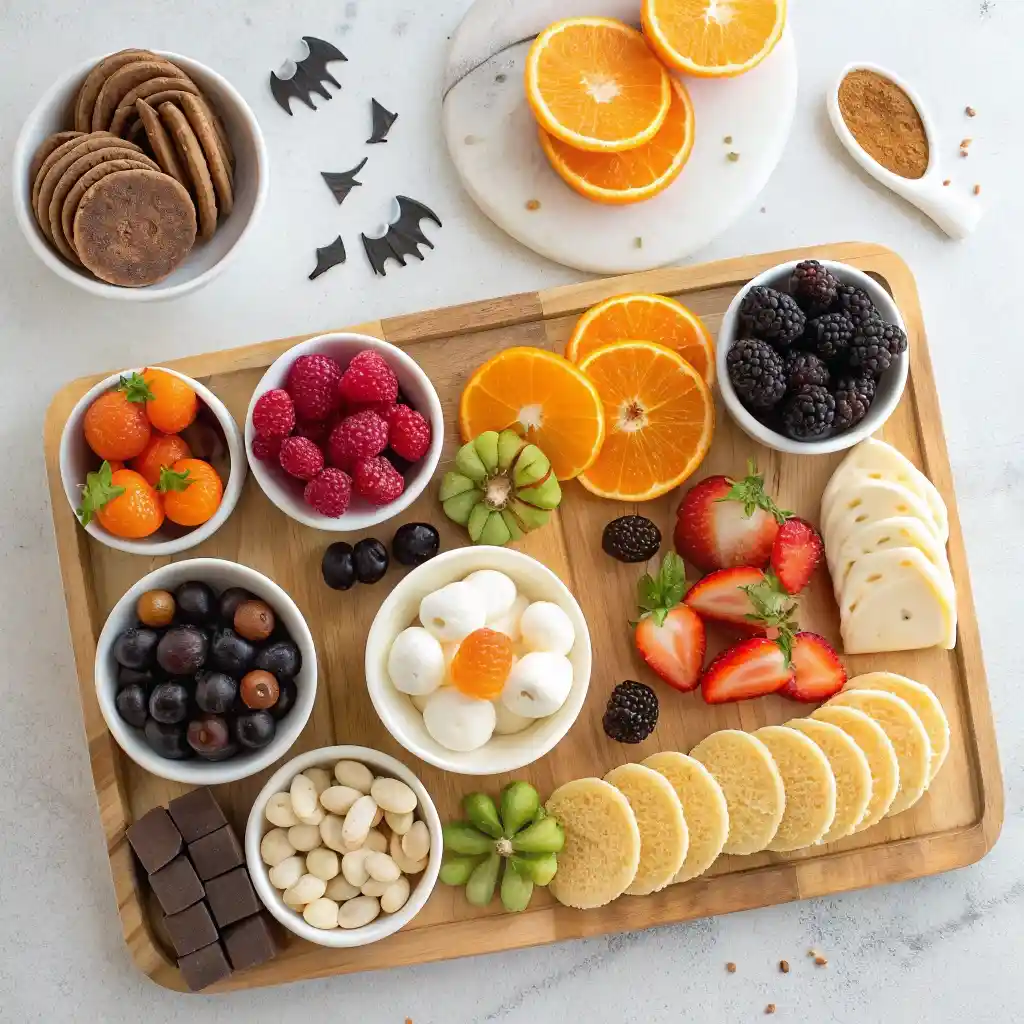 ingredients for Halloween breakfast charcuterie board with fruit and pancakes