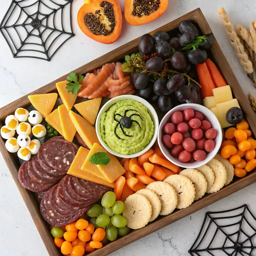 large Halloween charcuterie board with candy, cheese, meats, fruit, and themed snacks