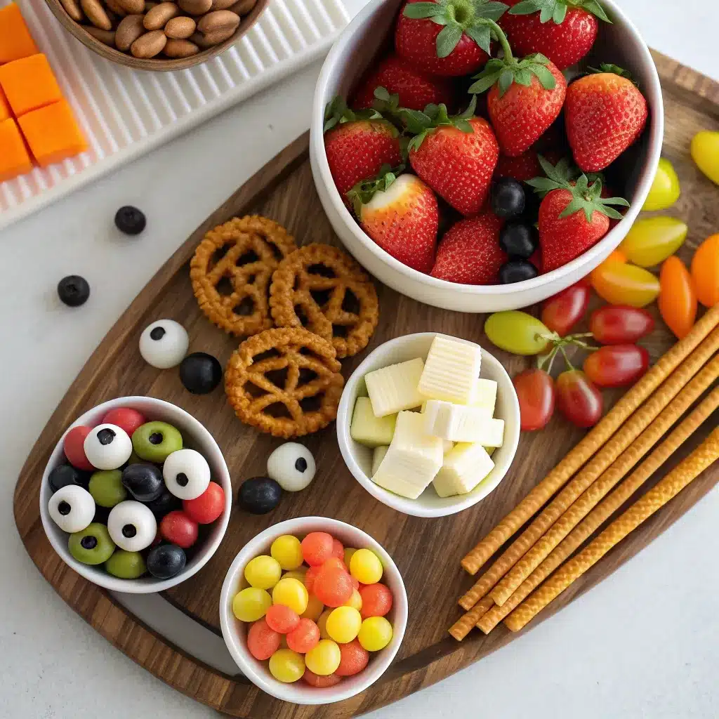 close-up of ingredients for spooky Halloween charcuterie board