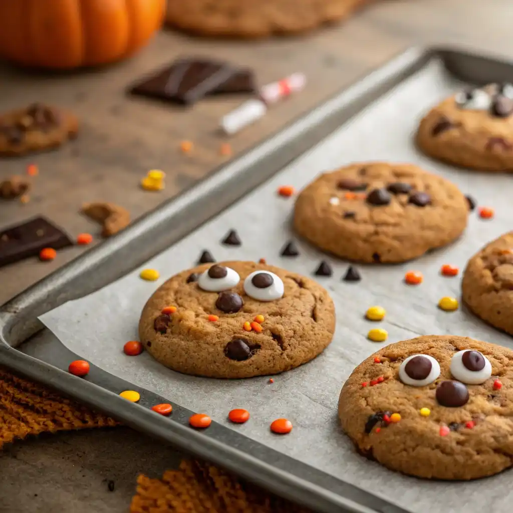Halloween chocolate chip cookies on baking sheet with melted chips and candy eyes.