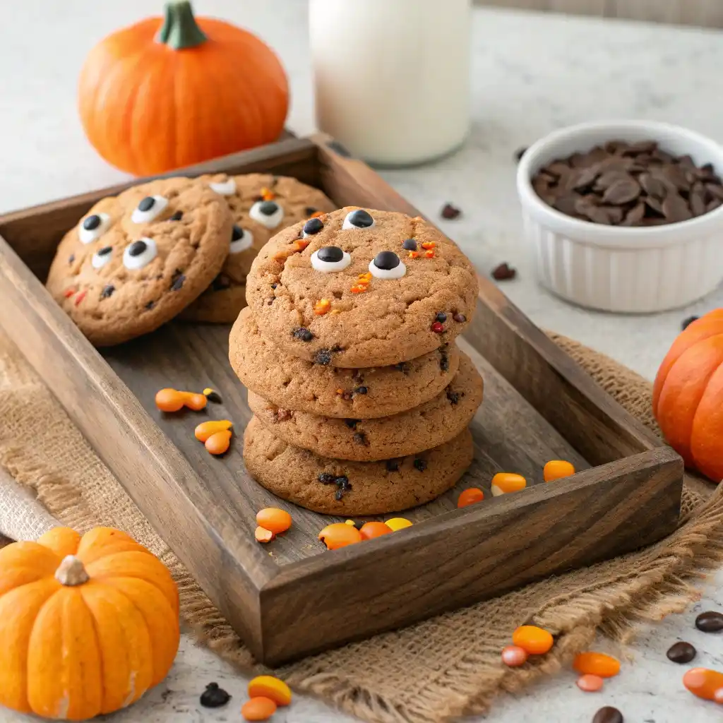 Halloween chocolate chip cookies decorated with candy eyes and sprinkles.