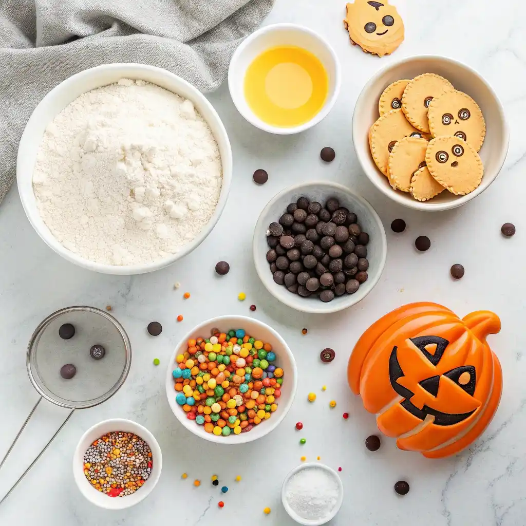 Ingredients for Halloween chocolate chip cookies including butter, sugar, flour, sprinkles, and candy eyes.
