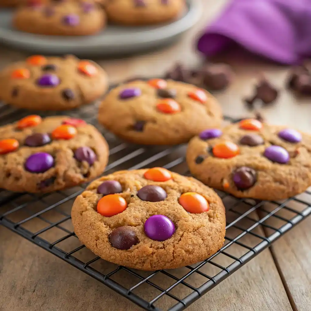 Chocolate chip cookies decorated with candy eyes and colorful candies