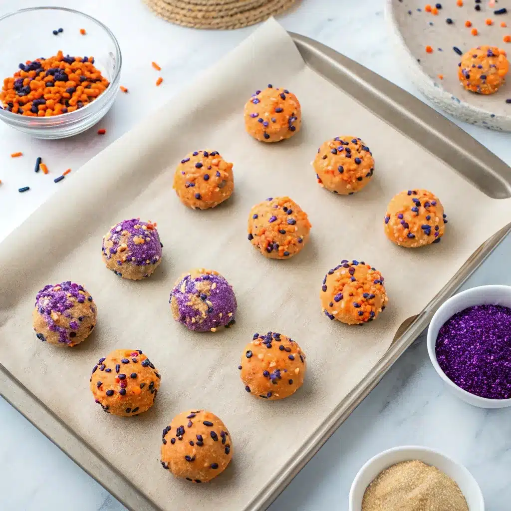 Cookie dough balls rolled in Halloween sprinkles on parchment paper.