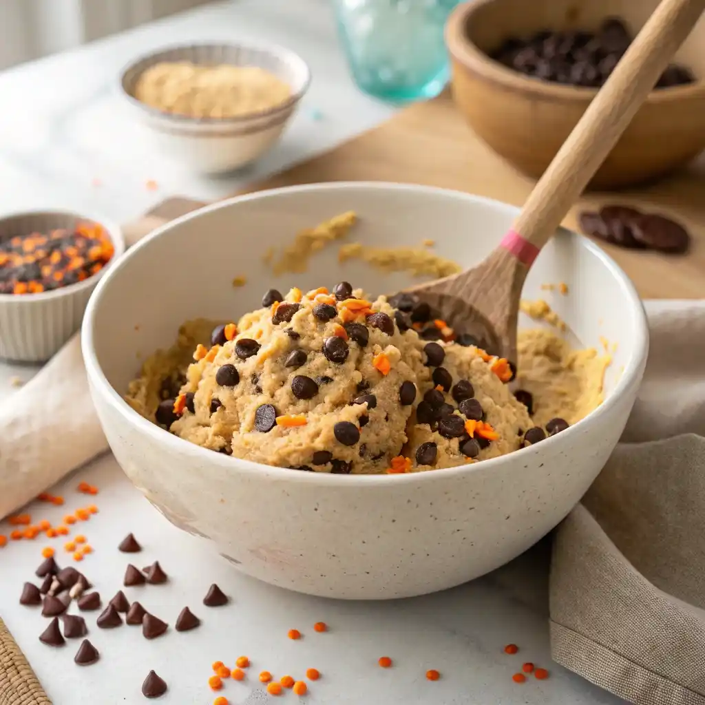 Mixing chocolate chip cookie dough with Halloween sprinkles.