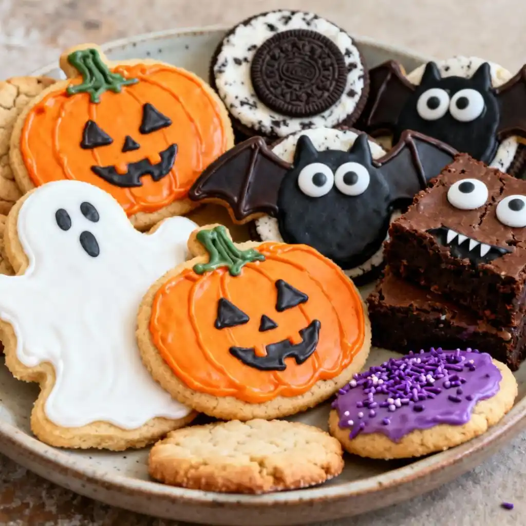 Plate of assorted Halloween cookie recipes including sugar cookies, Oreo bats, monster brownies, and sprinkle shortbread