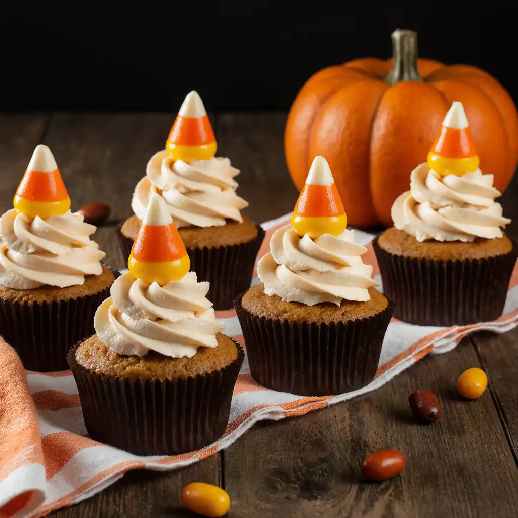 Halloween cupcakes with candy corn on a rustic wooden table.