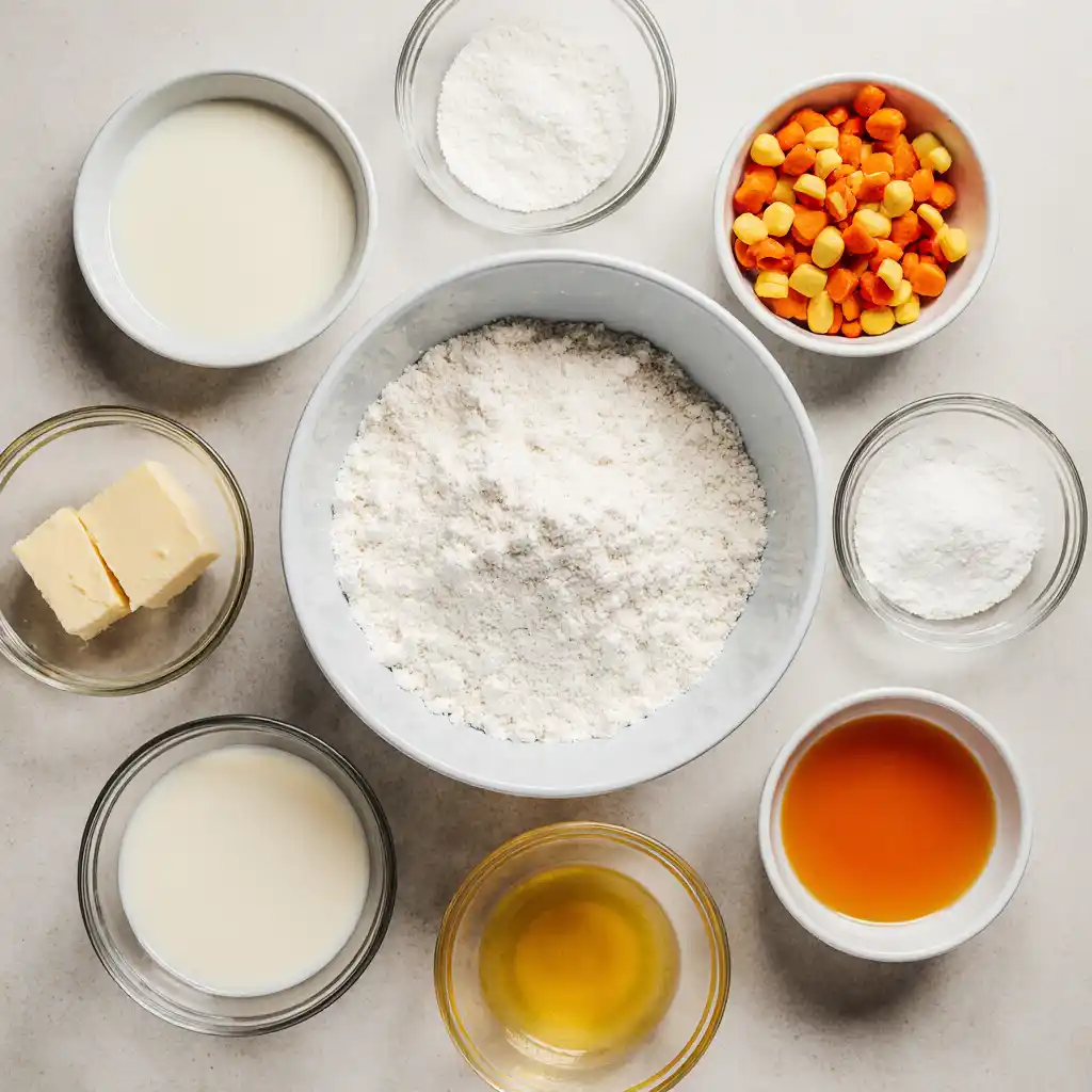 Baking ingredients for cupcakes with candy corn.