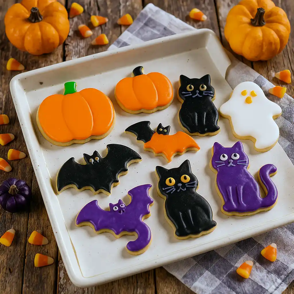Halloween cut-out cookies decorated with royal icing and sprinkles