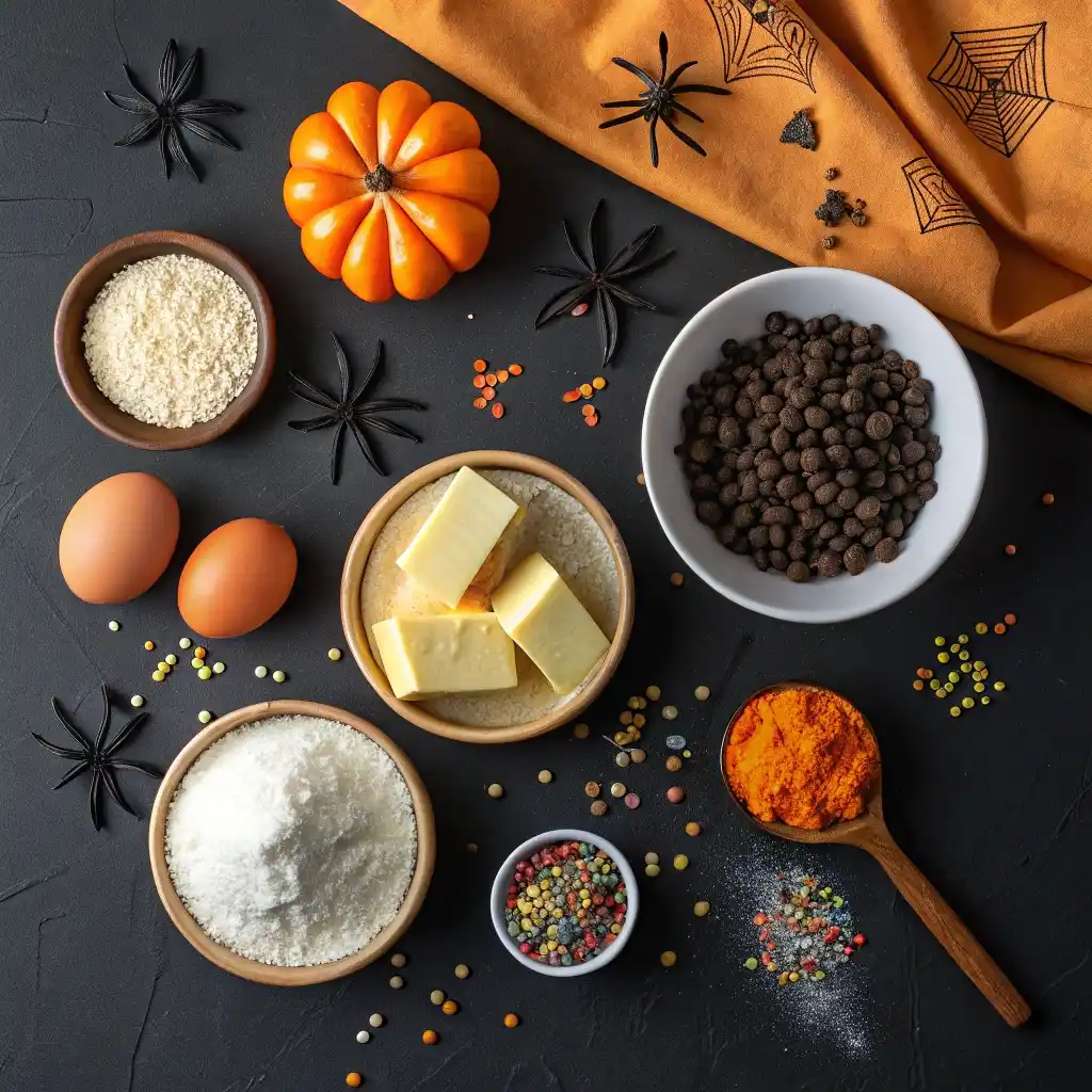 Ingredients for Halloween cut-out cookies with butter, flour, sugar, and sprinkles