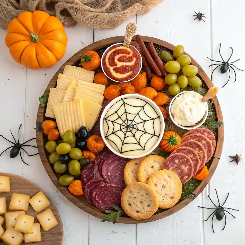 Halloween dinner charcuterie board with meats, cheeses, veggies, and dips