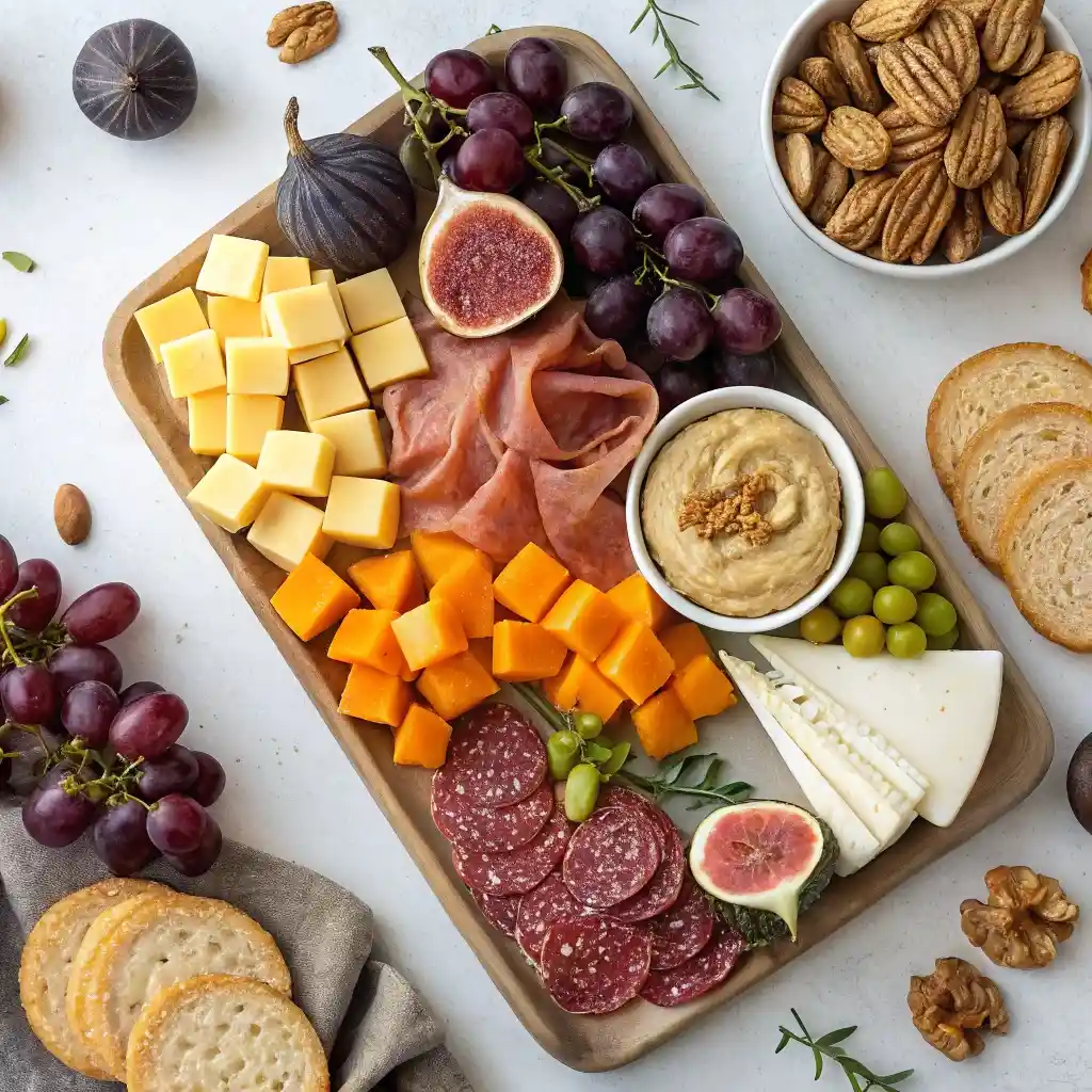 ingredients for Halloween dinner charcuterie board with meats and cheeses