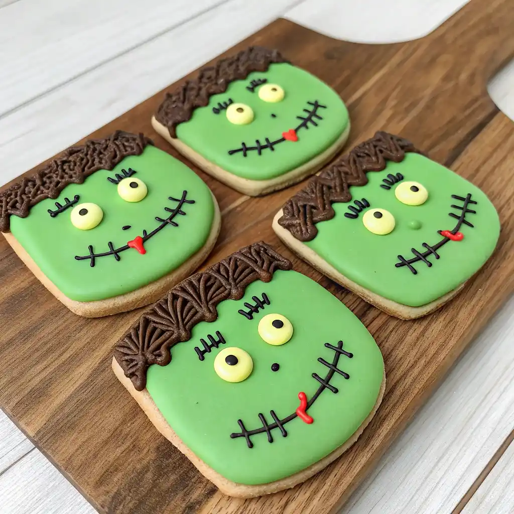 Frankenstein cookies decorated with green frosting, candy eyes, and chocolate hair