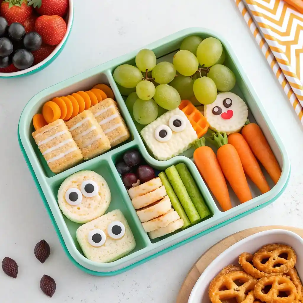 close-up Halloween lunchbox charcuterie board with fruit, cheese, and spooky treats