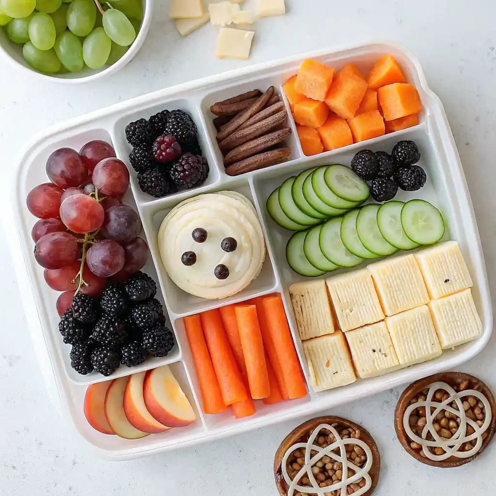 ingredients for Halloween lunchbox charcuterie board with fruits and snacks
