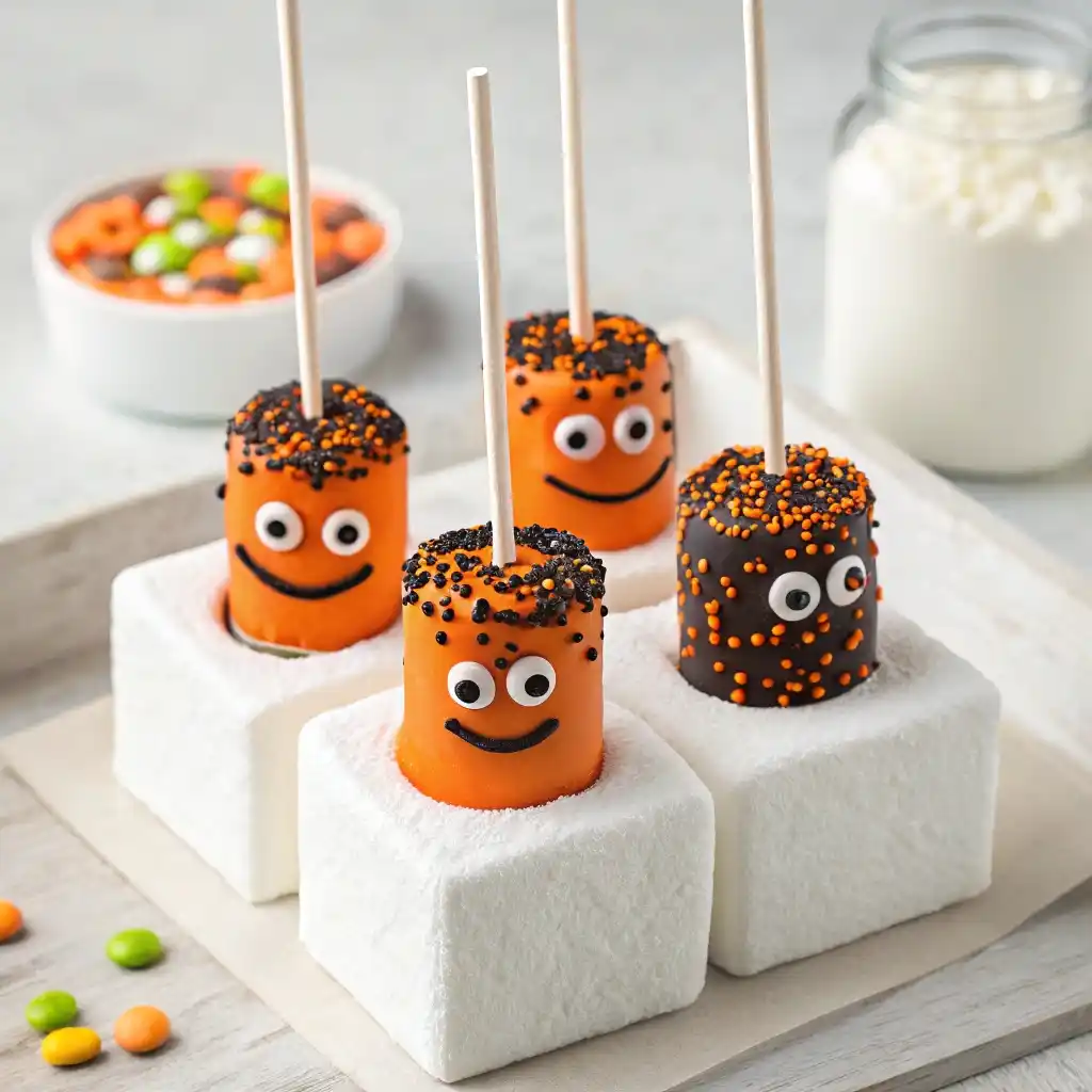 Decorated Halloween Marshmallow Pops with sprinkles and candy eyes.