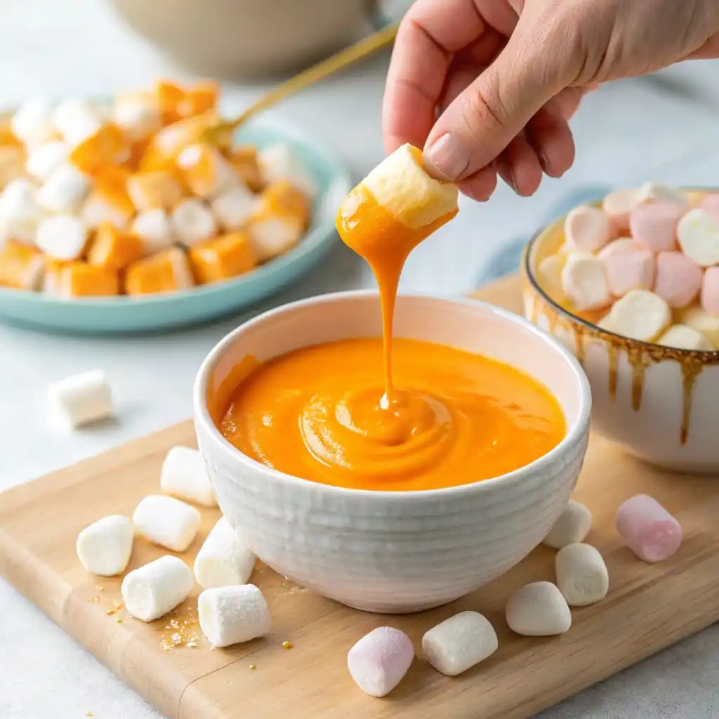 Dipping marshmallow in candy coating for Halloween pop.