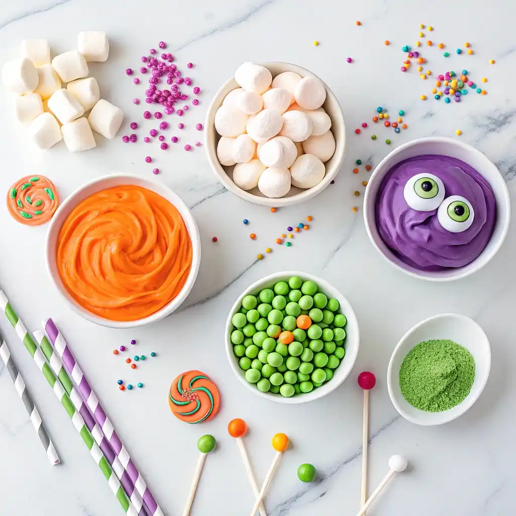 Ingredients for Halloween Marshmallow Pops.