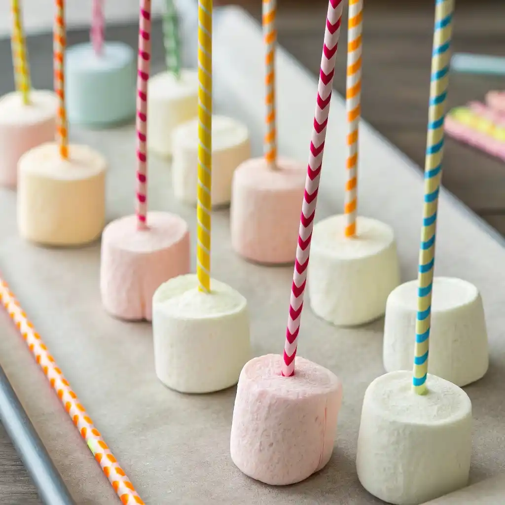 Marshmallows on sticks prepared for Halloween pops.