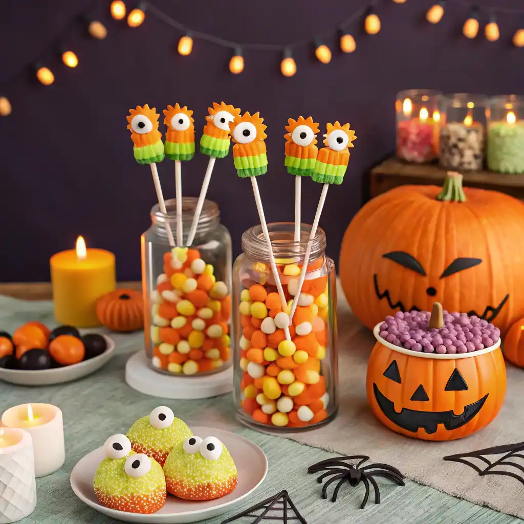 Halloween Marshmallow Pops on a party dessert table.