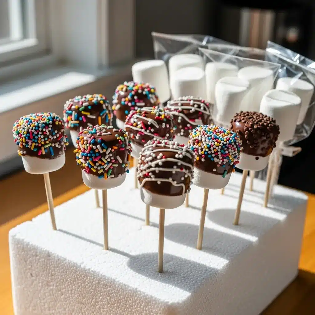 Halloween marshmallow pops dipped and sprinkled in clear sleeves