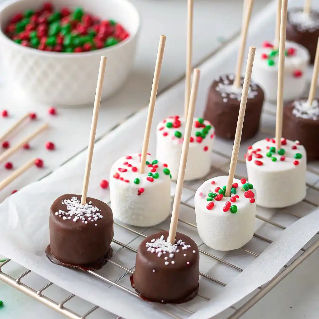 Marshmallow pops dipped and decorated with sprinkles