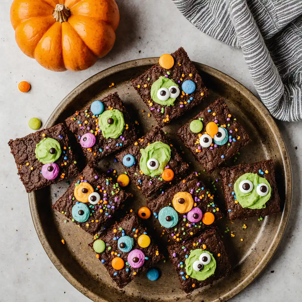 Fudgy Halloween Monster Brownies decorated with candy eyes and frosting