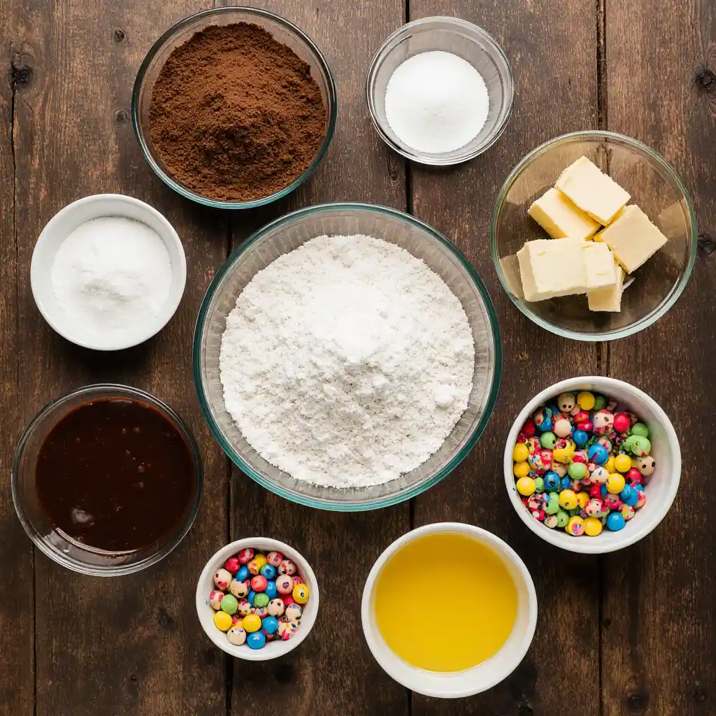 Ingredients for Halloween Monster Brownies including cocoa, butter, sugar, eggs, and candy eyes