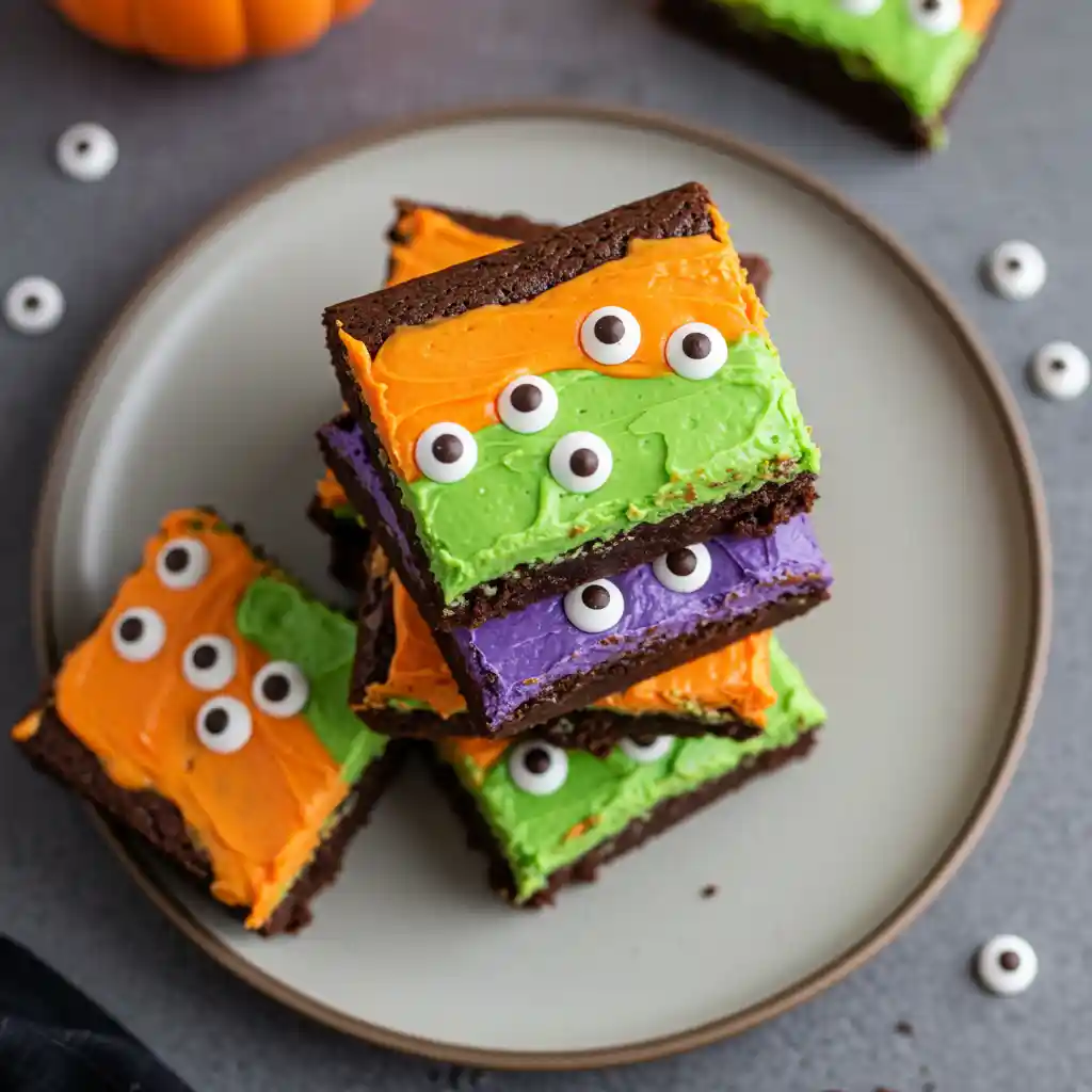 Close-up of fudgy Halloween Monster Brownies with candy eyes and frosting