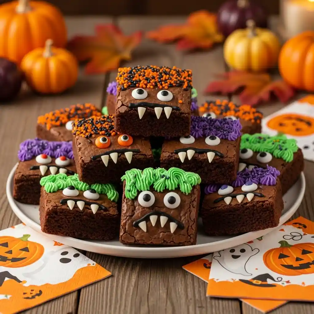 Platter of decorated Halloween Monster Brownies with candy eyes and frosting