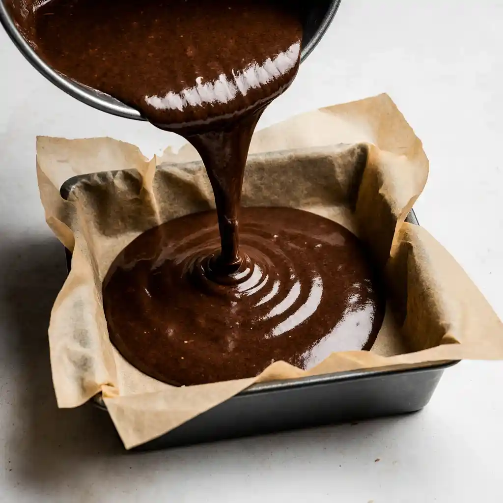 Glossy chocolate brownie batter poured into lined baking dish