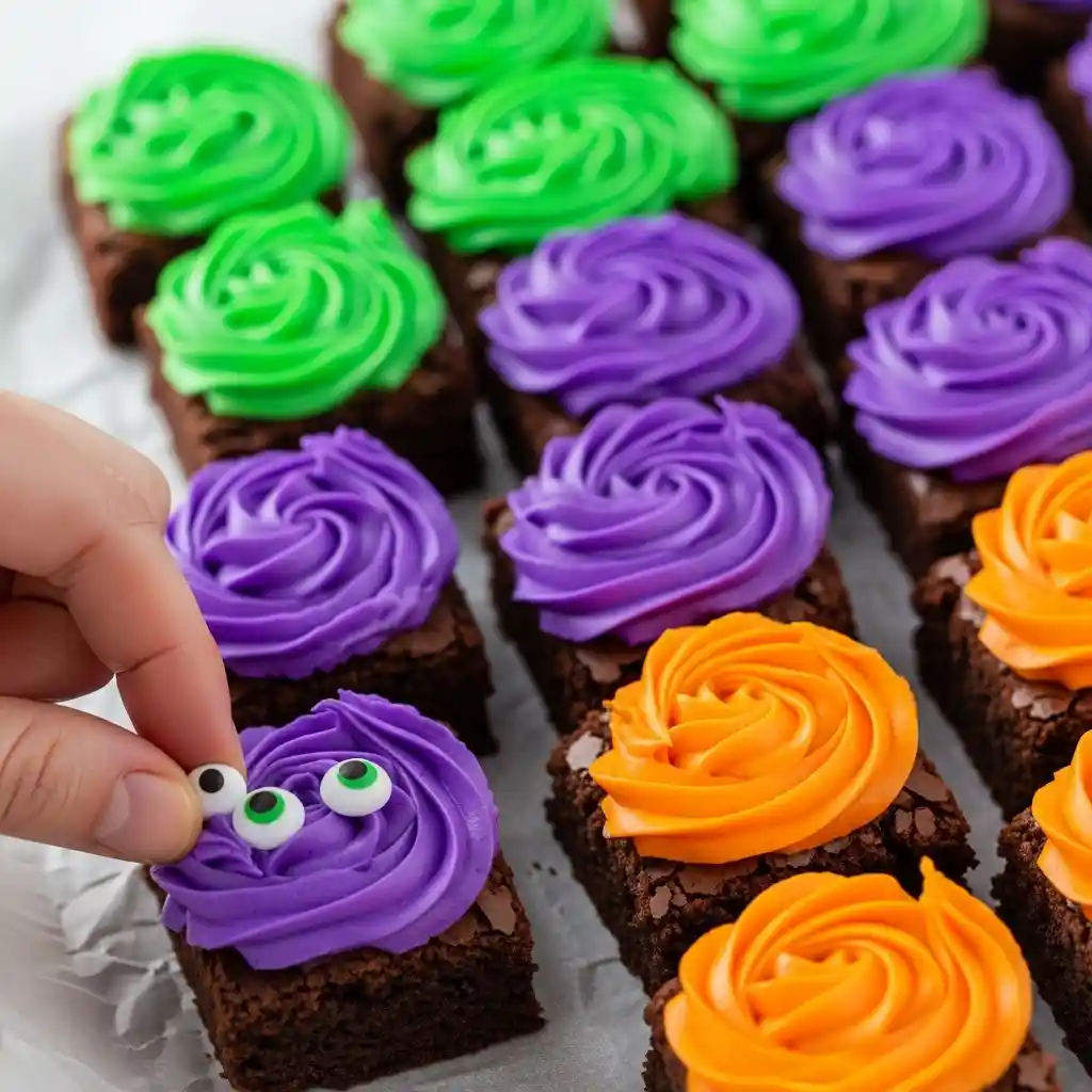 Brownies decorated with colorful frosting and candy eyeballs