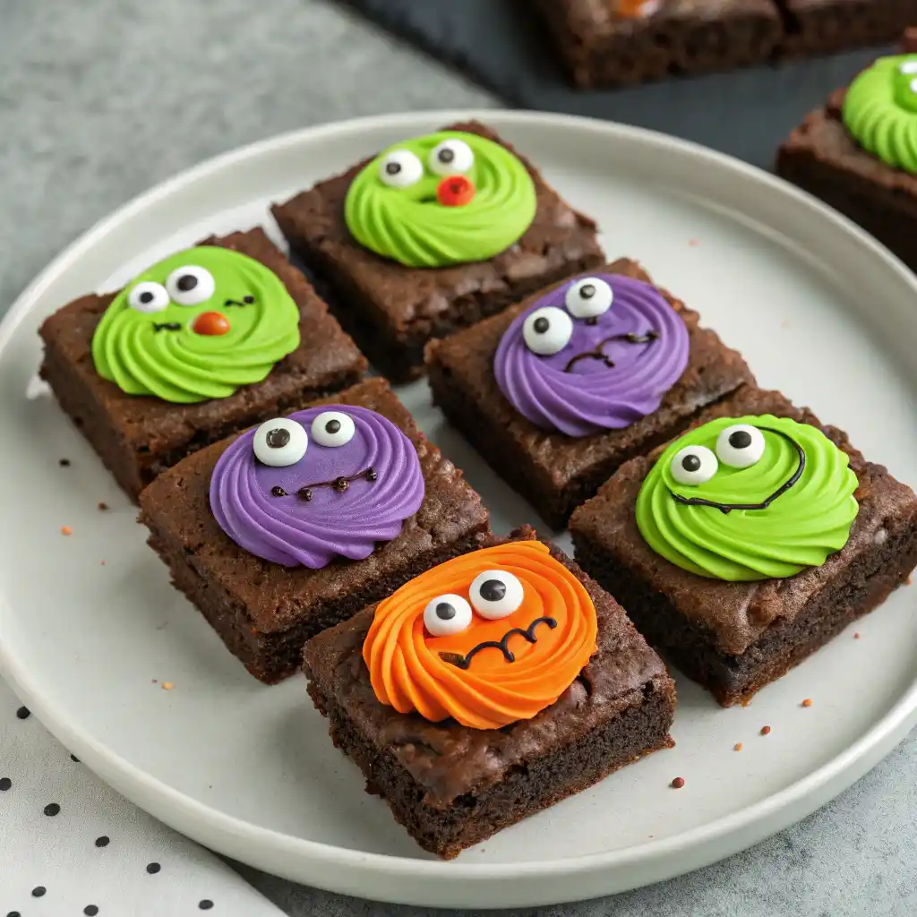 Brownies decorated with monster faces and candy eyes