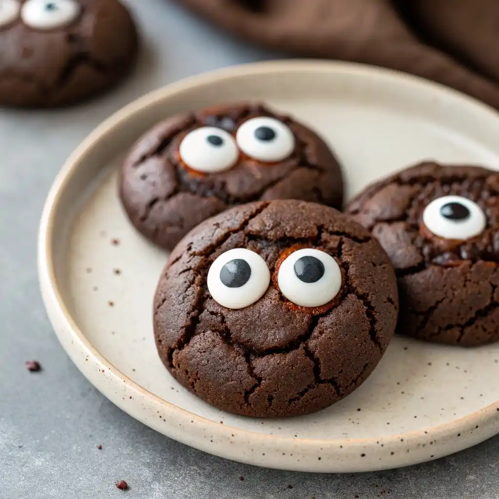 Chocolate cookies decorated with oversized candy eyes