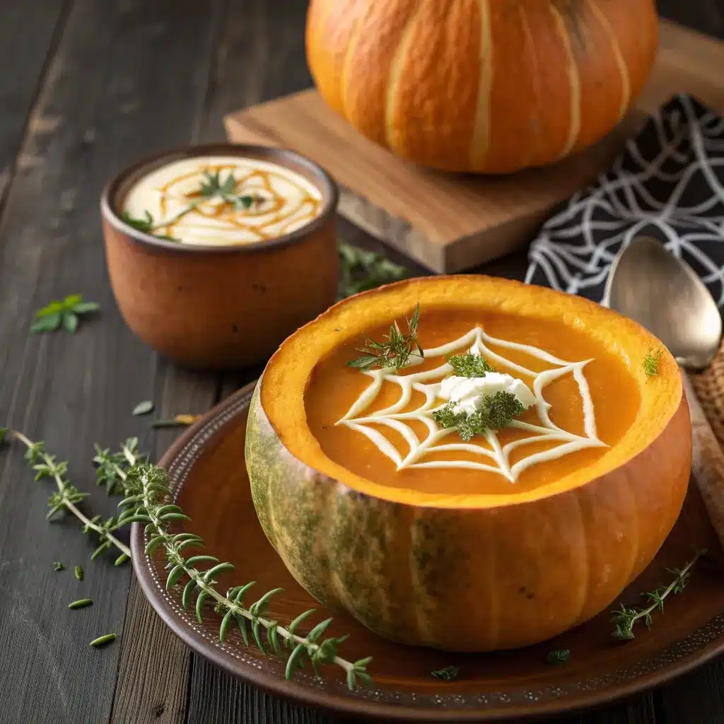 pumpkin soup in a mini pumpkin with sour cream spider web garnish