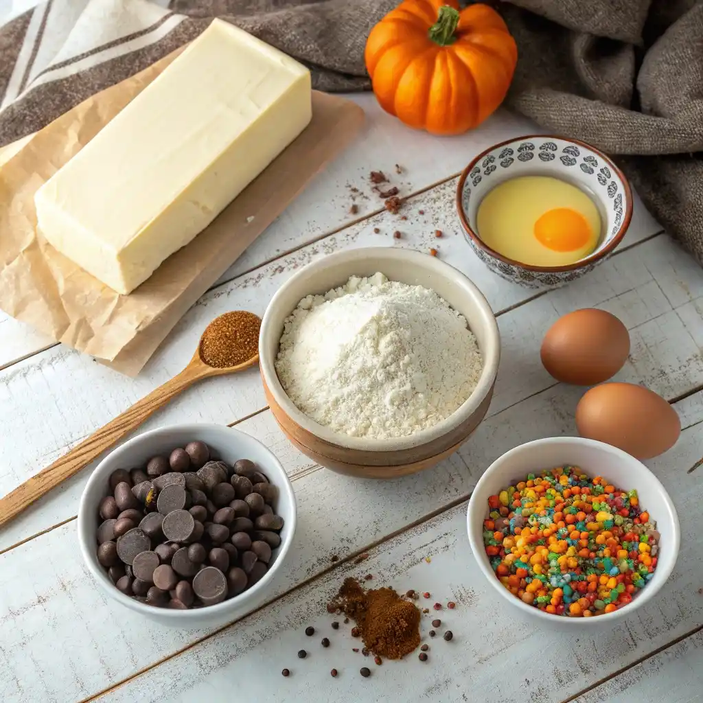 Baking ingredients for Halloween shortbread cookies on a wooden counter
