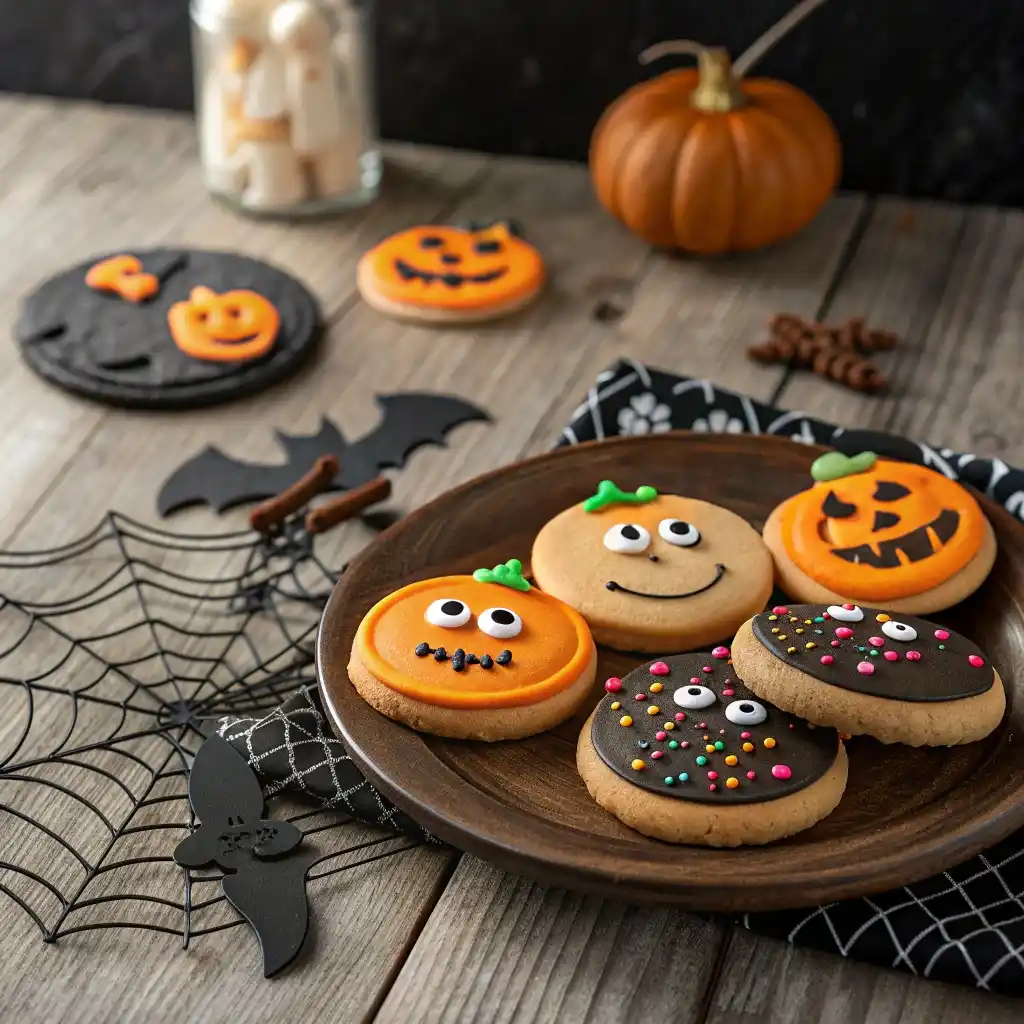 Halloween shortbread cookies decorated with sprinkles and candy eyes on a spooky platter