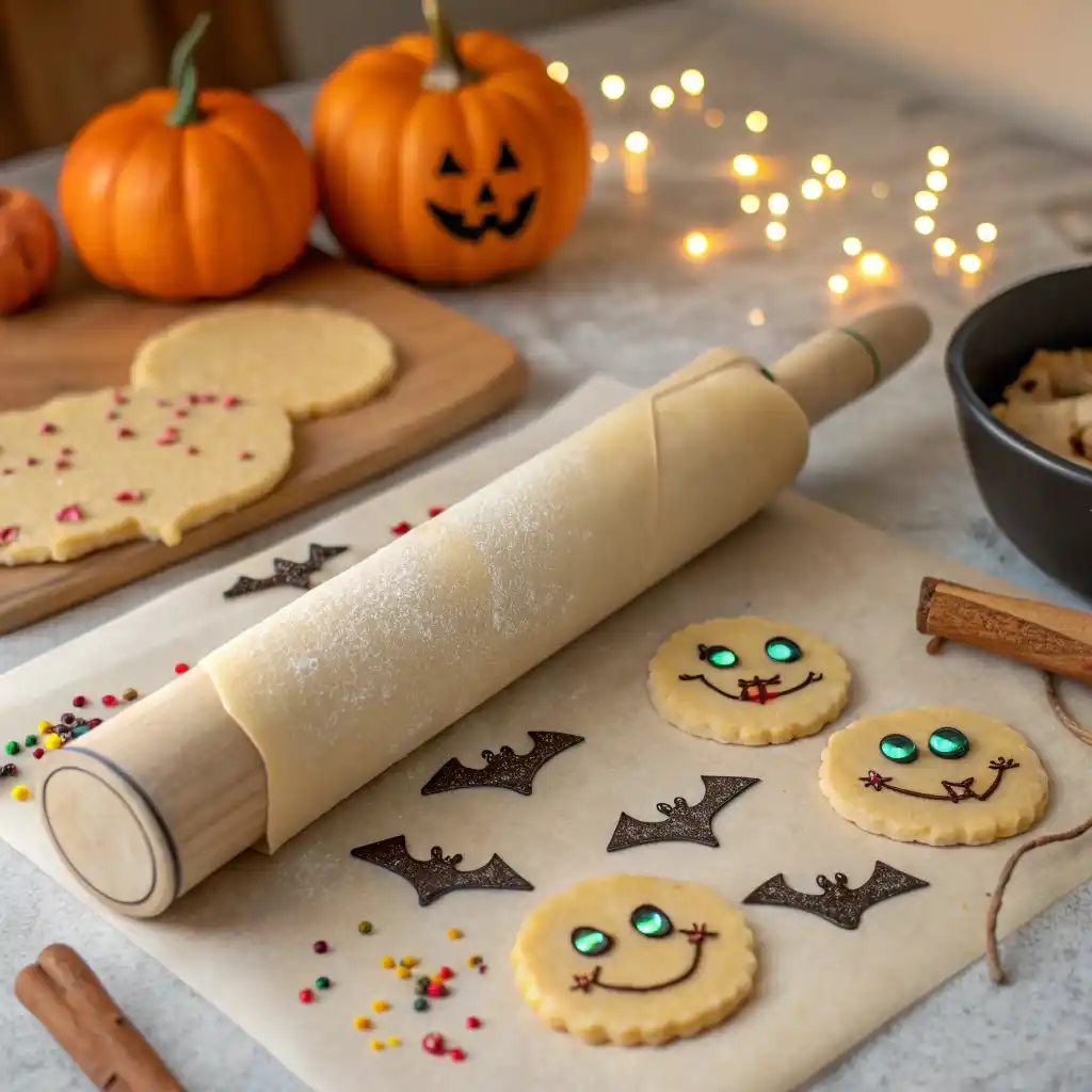 Cut-out Halloween shortbread cookies with sprinkles on parchment paper