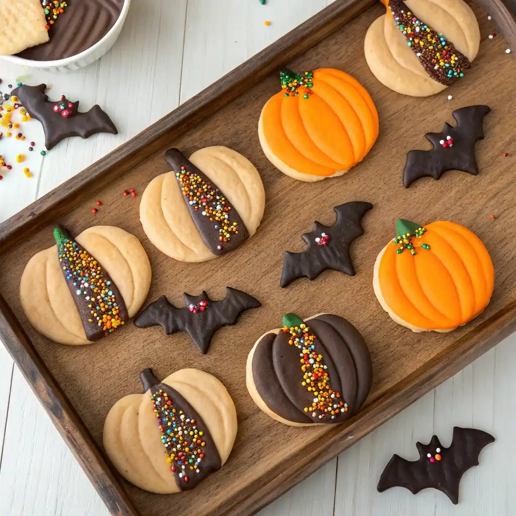 Shortbread cookies dipped in chocolate and sprinkles for Halloween