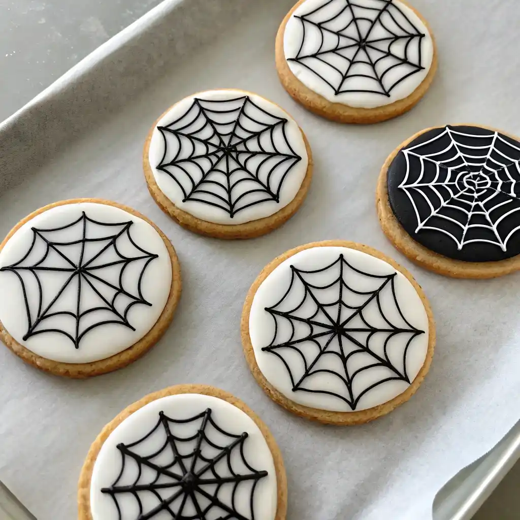 Round cookies decorated with spiderweb icing patterns