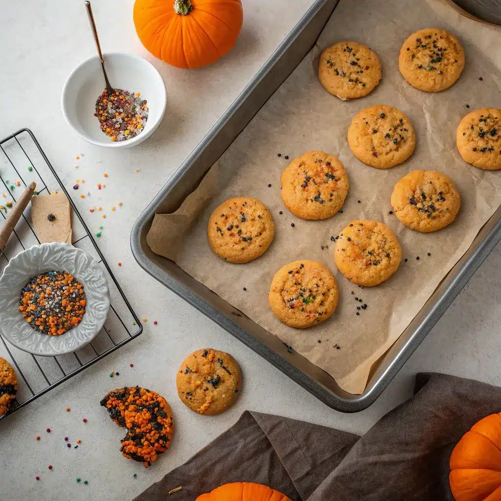 Halloween sprinkle cookies cooling on a parchment-lined baking tray.