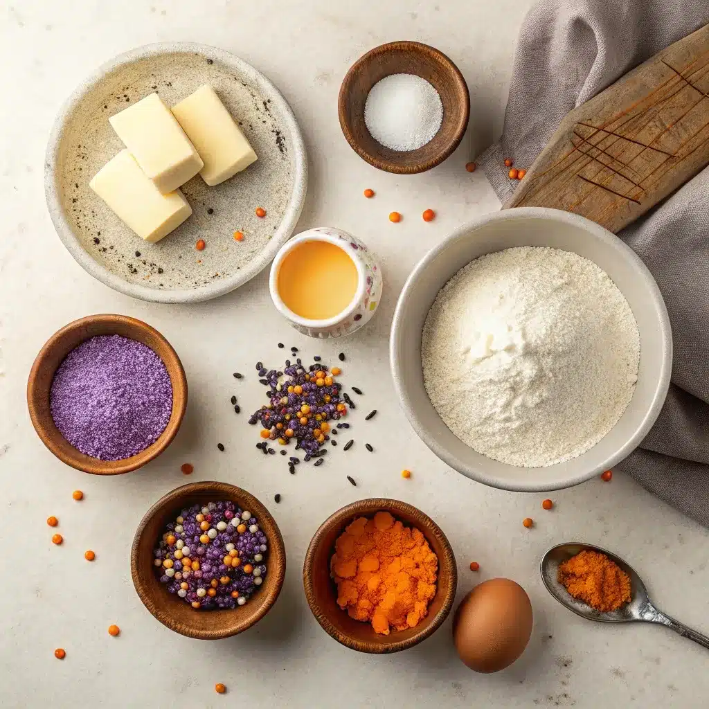 Flat lay of ingredients for Halloween sprinkle cookies including butter, sugar, flour, egg, and sprinkles.
