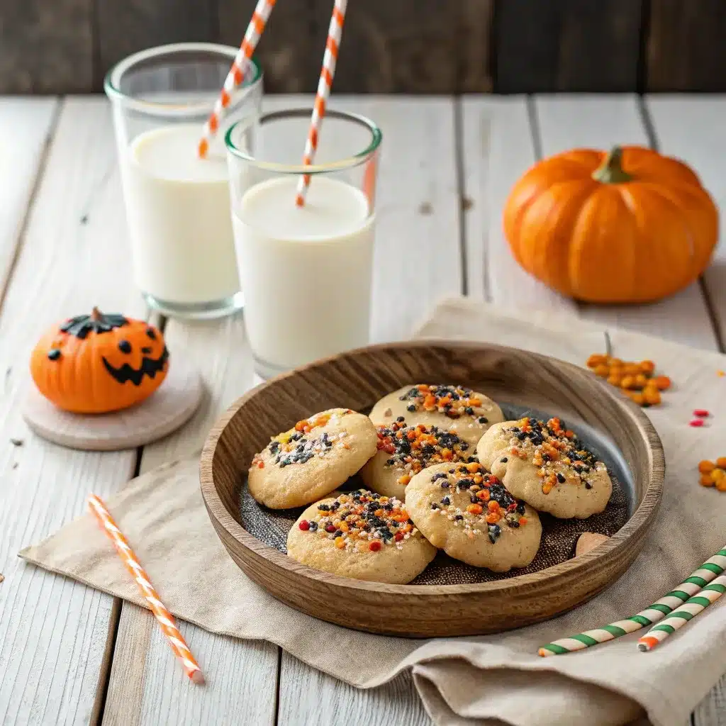 A plate of Halloween sprinkle cookies served with milk in festive glasses.