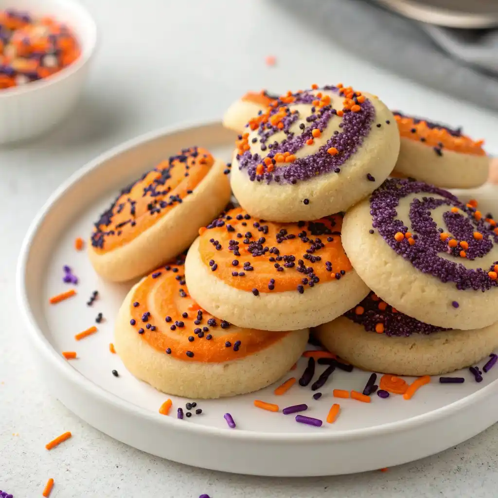 Sugar cookies coated with orange, black, and purple sprinkles