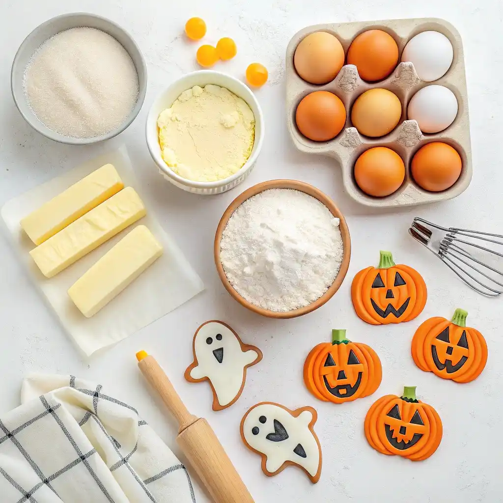 Ingredients for Halloween sugar cookies recipe with flour, butter, sugar, eggs, and royal icing supplies.