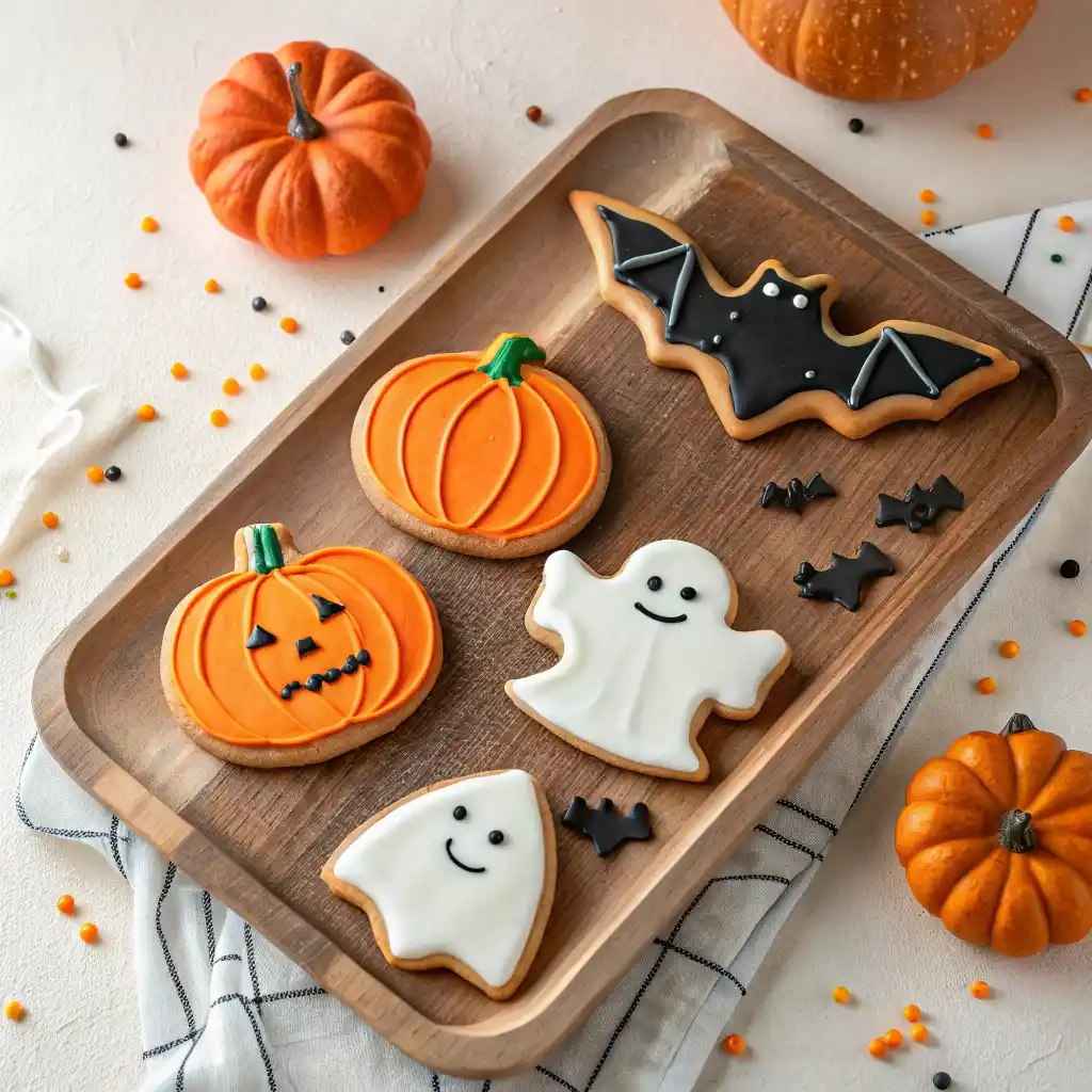 Halloween sugar cookies decorated with royal icing in ghost, pumpkin, and bat shapes.