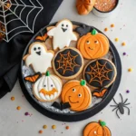 Halloween sugar cookies decorated with royal icing on a party platter with spooky accents.