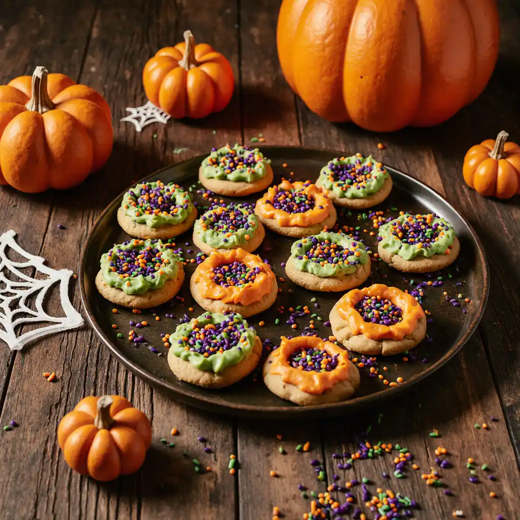 Halloween thumbprint cookies with colorful icing and sprinkles